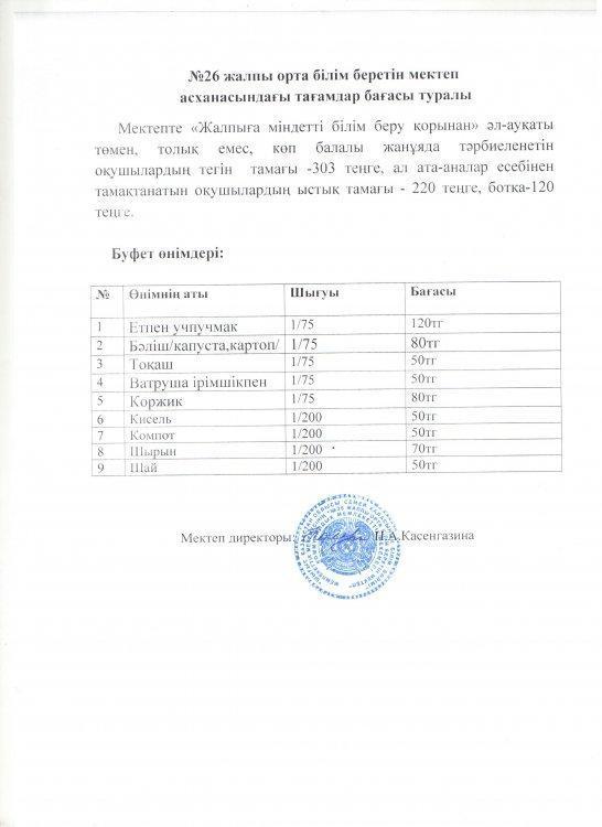 №26 ЖОББМ асханасындағы тағамдар бағасы туралы