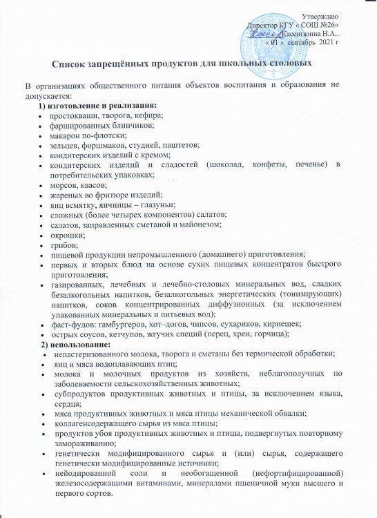 Список запрещенных продуктов для школьных столовых