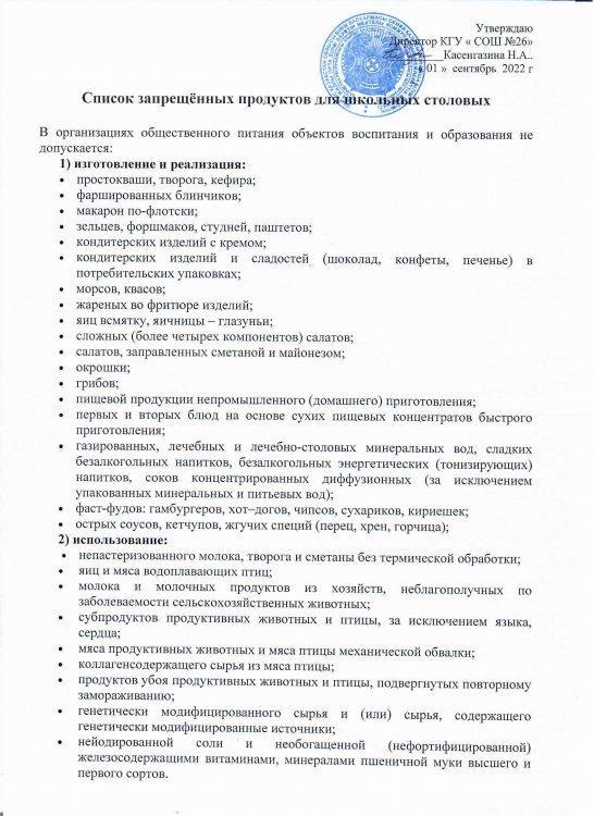 Список запрещенных продуктов для школьных столовых