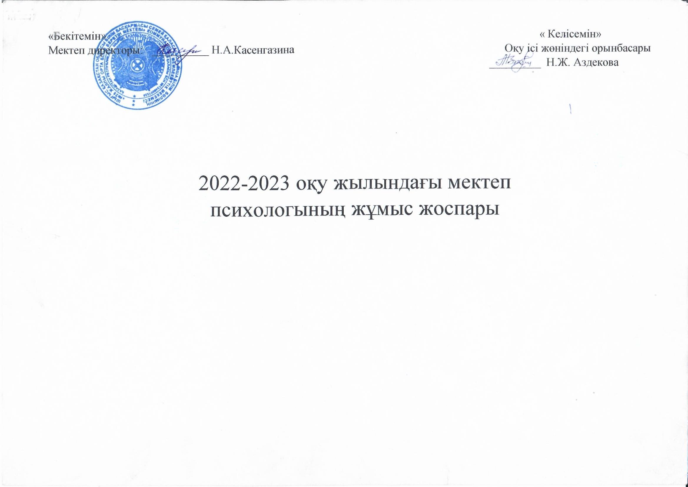 2022-2023 оқу жылындағы мектеп психологының жұмыс жоспары